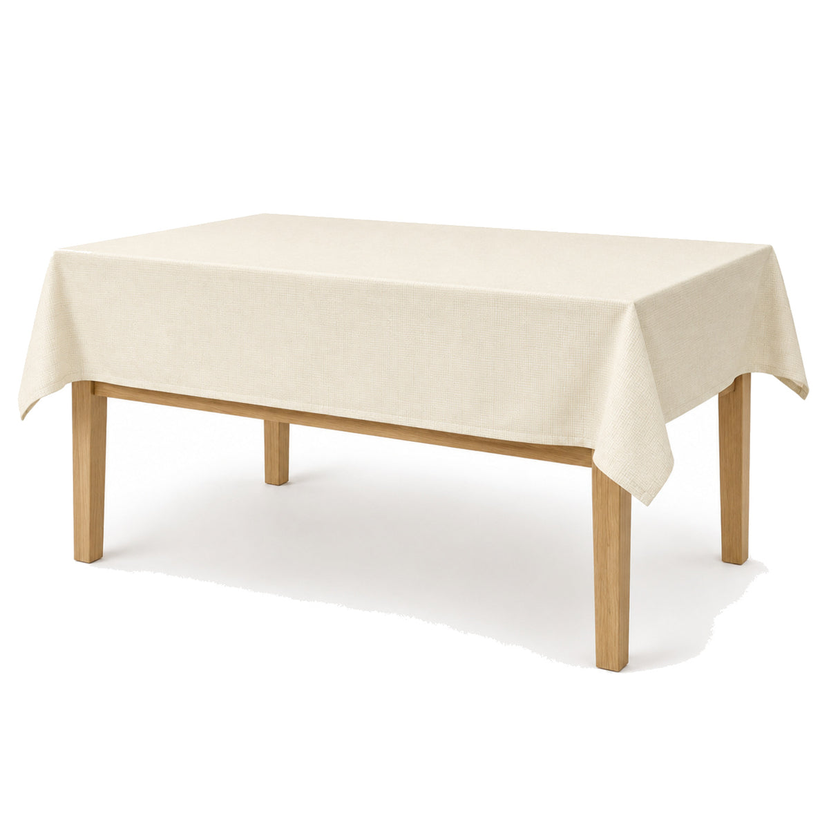 Primeval warm cream woven texture tablecloth displayed on a rectangular dining table