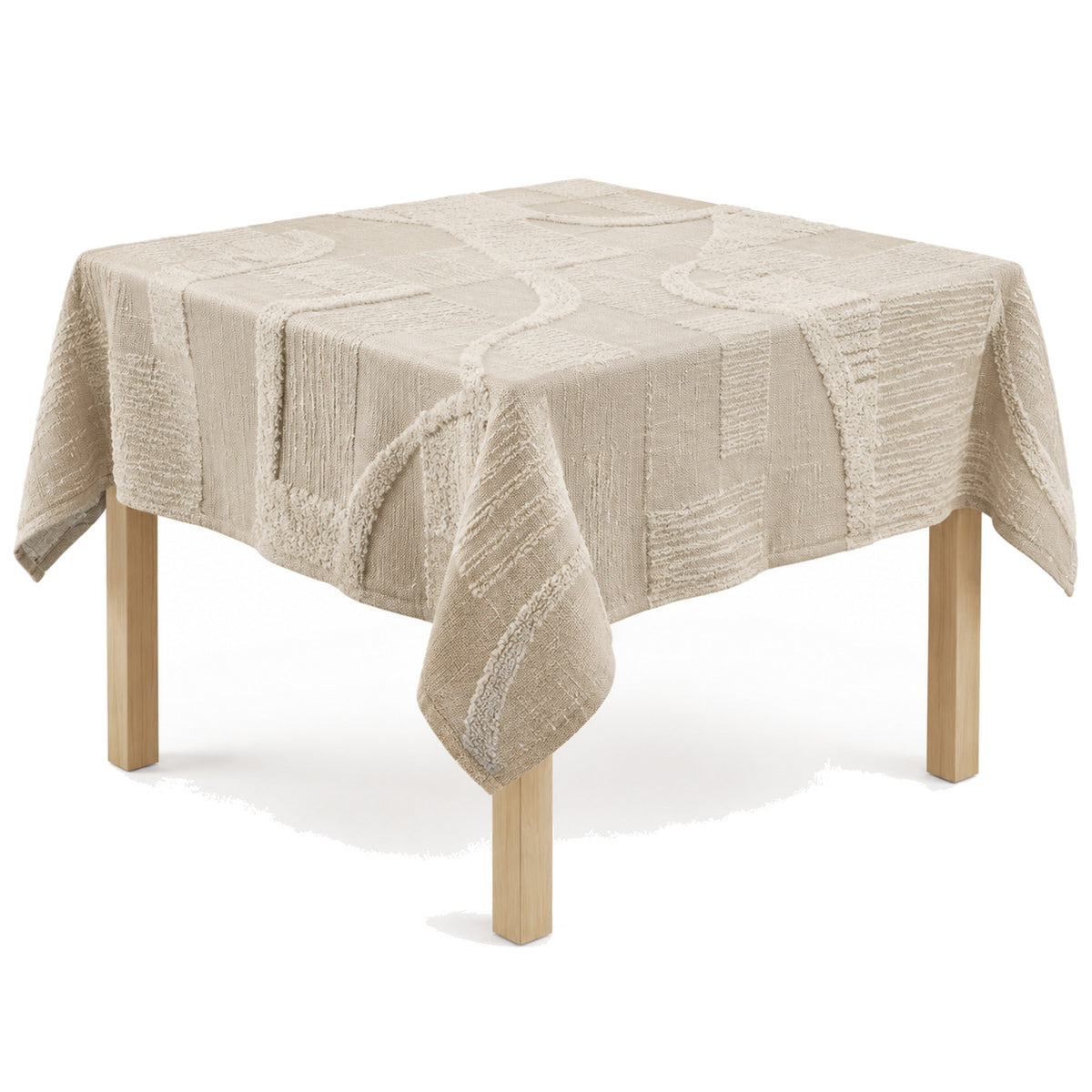 Primeval warm greige cream high low abstract tablecloth displayed on a square dining table
