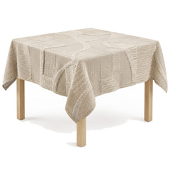 Primeval warm greige cream high low abstract tablecloth displayed on a square dining table