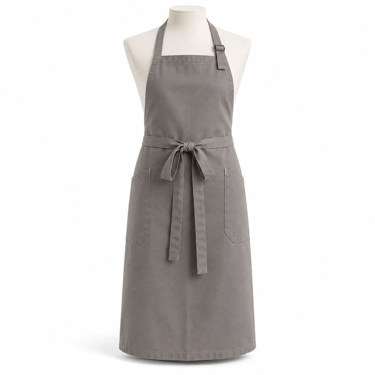 Primeval warm grey chef apron with adjustable neck strap displayed on a dress form