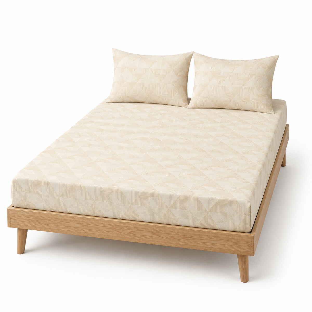 Warm ivory tonal diamond geometric bed sheet set with matching pillowcases on a wooden bed