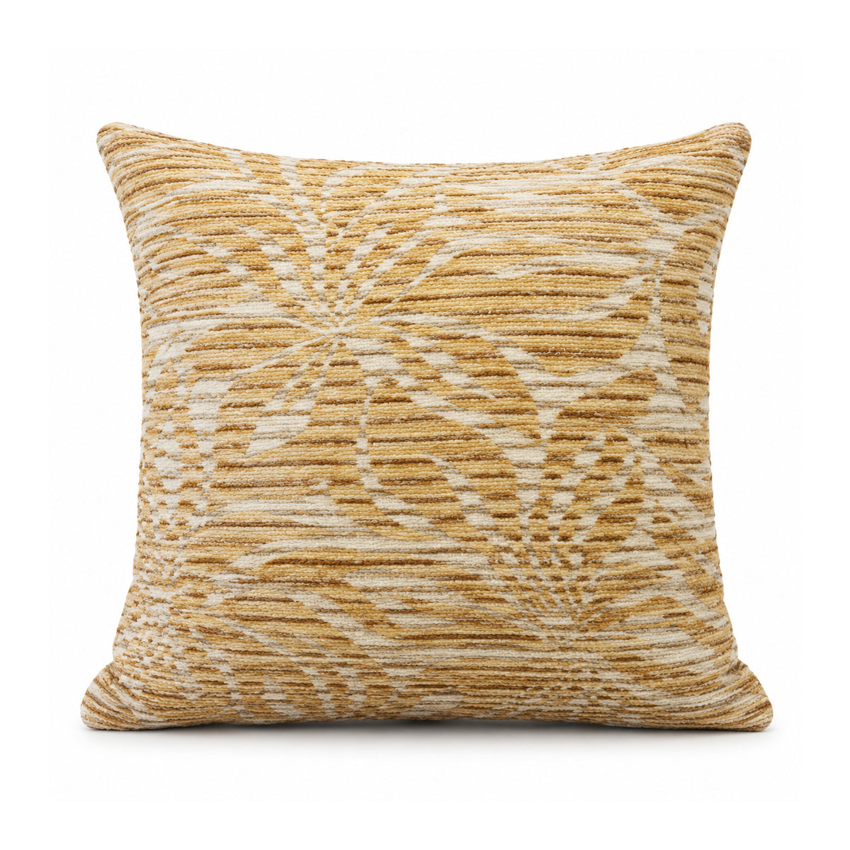 Primeval warm ochre gold and cream cushion cover with layered radiating abstract palm leaves and foliage motifs