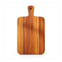 Vertical rectangular wooden paddle cutting board with short integral handle, round hanging hole and golden-brown natural grain bands