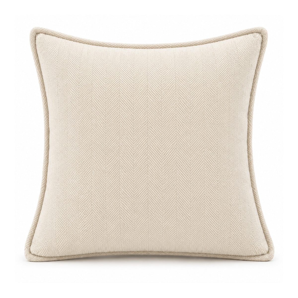 Ivory chenille-look square cushion with fine tonal herringbone texture and matching cord piping, 45 × 45 cm catalogue concept