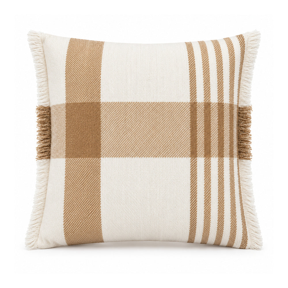 Camel Check Fringed Woven Cushion Cover – 45 × 45 cm