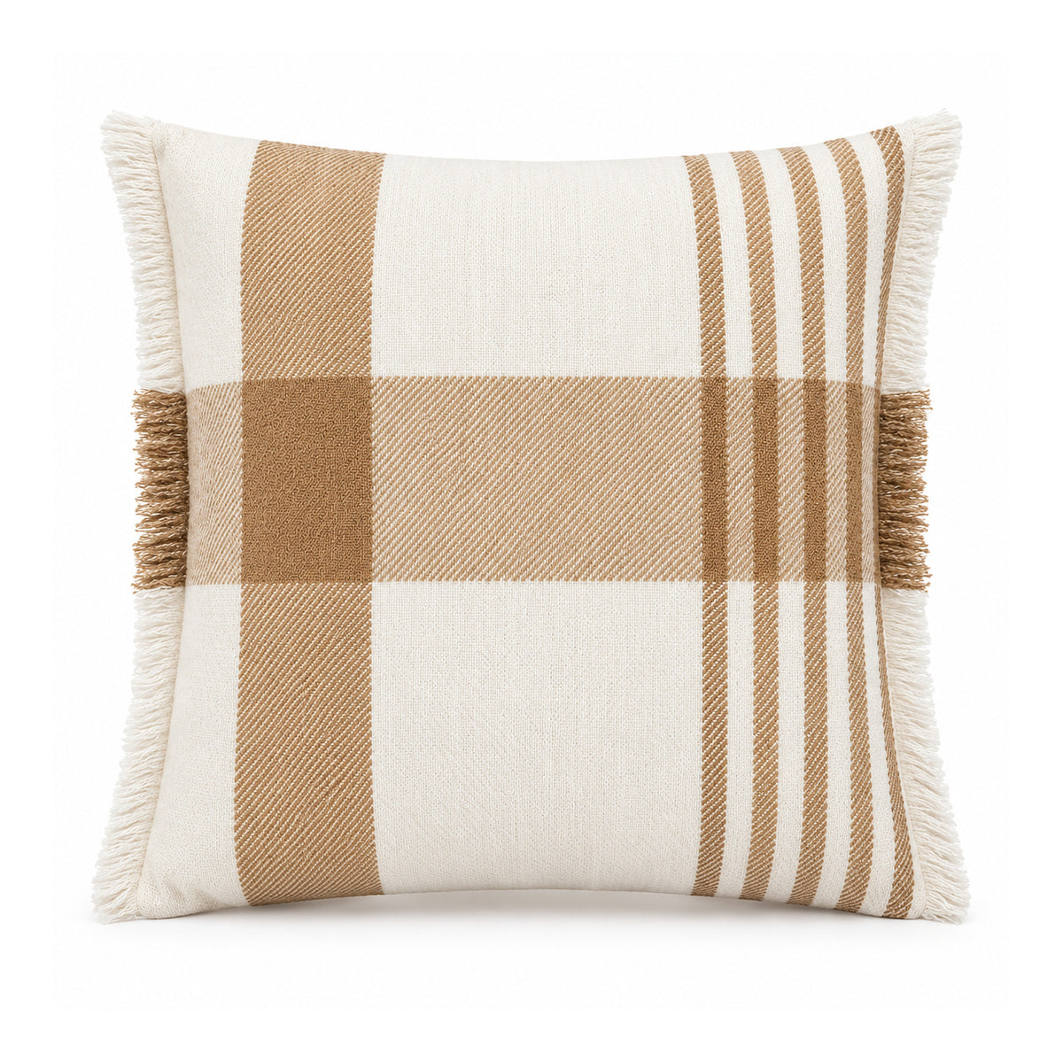 Camel Check Fringed Woven Cushion cushion design – 45 × 45 cm. Catalogue-based visualization on white background.
