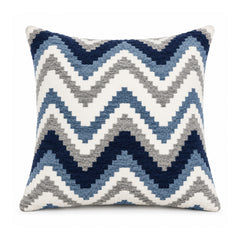 Navy, denim blue, grey and ivory navy blue chevron jacquard cushion cover – 45 × 45 cm showing stepped chevron jacquard-look pattern; 45 × 45 cm design visualization