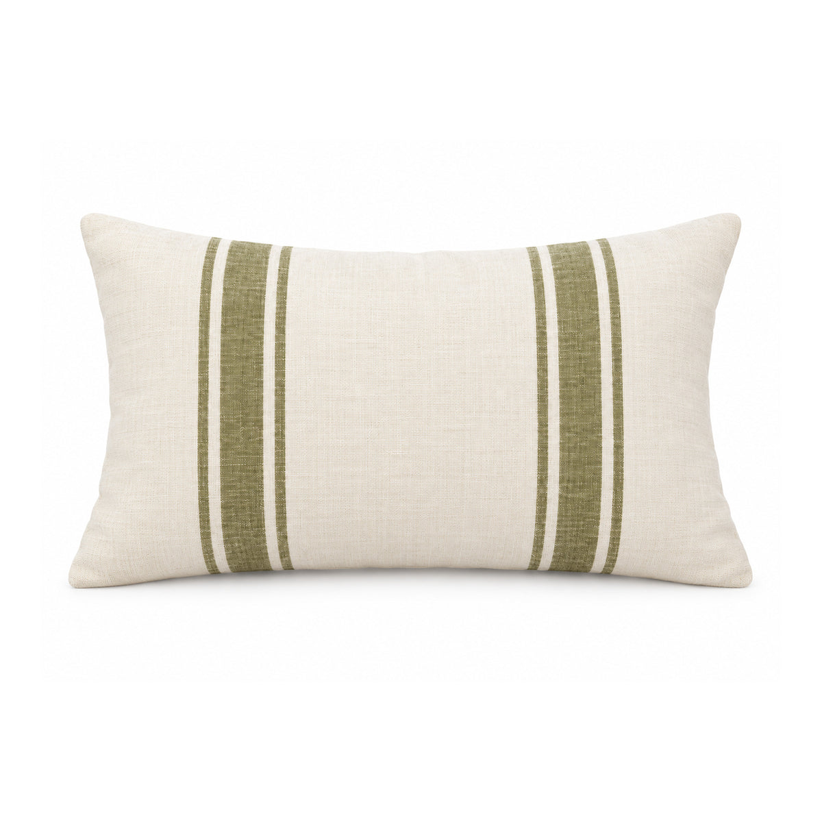 Natural ivory and muted olive green olive twin-stripe lumbar cushion cover – 35 × 50 cm showing two vertical olive stripe groups on an ivory ground; 35 × 50 cm design visualization