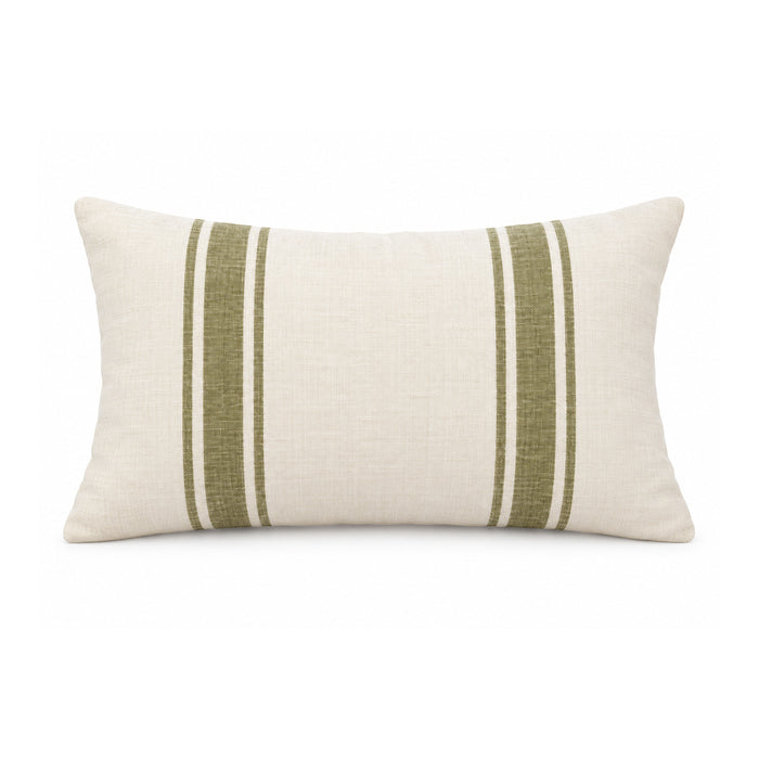 Natural ivory and muted olive green olive twin-stripe lumbar cushion cover – 35 × 50 cm showing two vertical olive stripe groups on an ivory ground; 35 × 50 cm design visualization