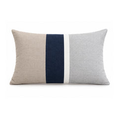Natural beige, navy, ivory and pale grey Navy & Neutral Colour-Block Lumbar Cushion Cover – 35 × 50 cm; four vertical woven-look colour panels, catalogue-based product visualization