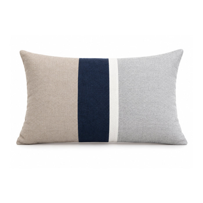Natural beige, navy, ivory and pale grey Navy & Neutral Colour-Block Lumbar Cushion Cover – 35 × 50 cm; four vertical woven-look colour panels, catalogue-based product visualization