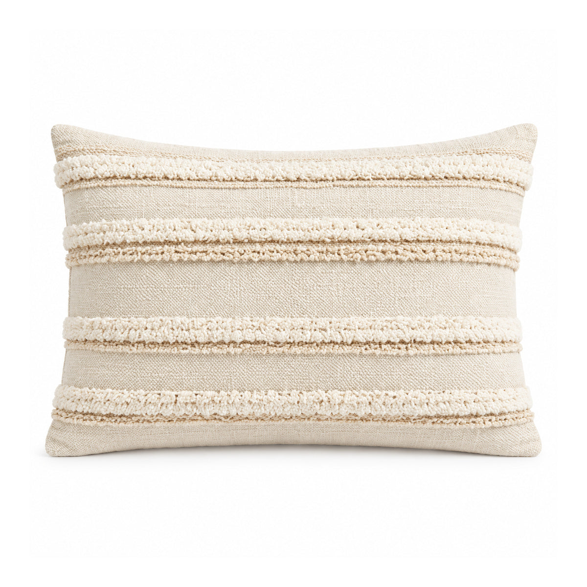 Cream, ivory and light natural tan Ivory Textured Stripe Lumbar Cushion Cover – 35 × 50 cm; horizontal tonal raised-yarn stripes on a plain ivory ground, catalogue-based product visualization