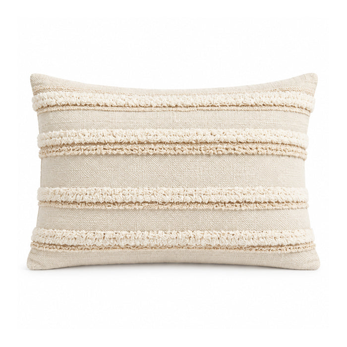 Cream, ivory and light natural tan Ivory Textured Stripe Lumbar Cushion Cover – 35 × 50 cm; horizontal tonal raised-yarn stripes on a plain ivory ground, catalogue-based product visualization