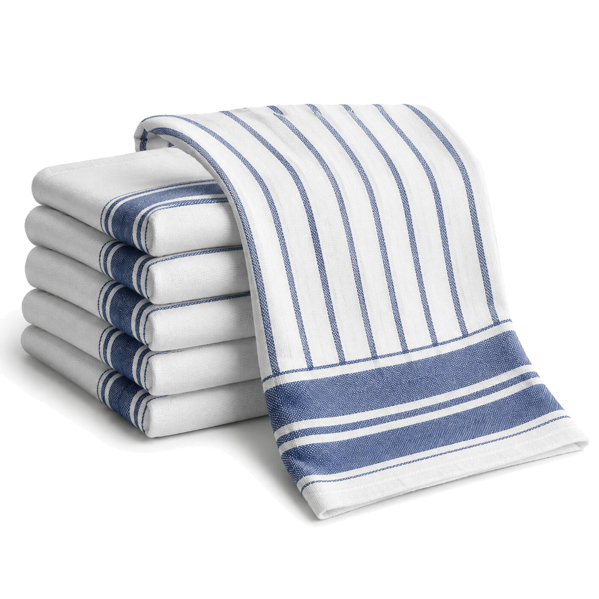Primeval white and blue classic stripe cotton kitchen towel set in folded studio presentation