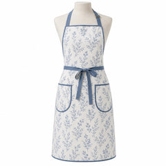 Primeval white chef apron with dusty blue botanical print displayed on a dress form