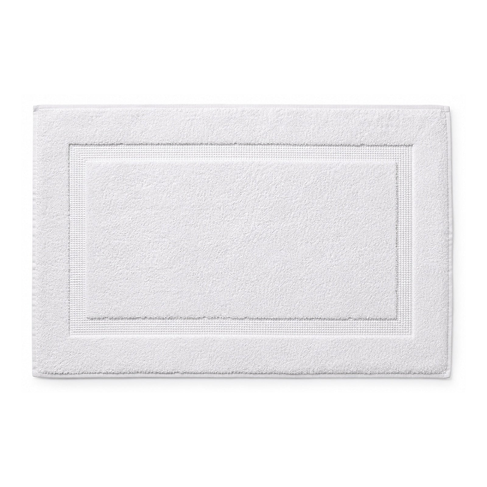 White hotel style bath mat with framed border on white background