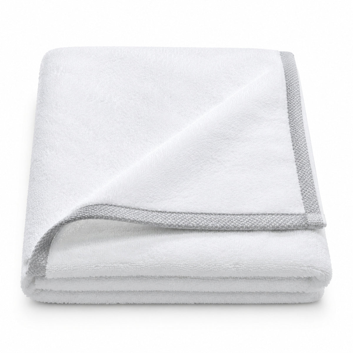 White hotel grey border cotton terry bath towel 70x140 cm on white background