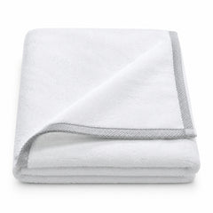 White hotel grey border cotton terry bath towel 70x140 cm on white background