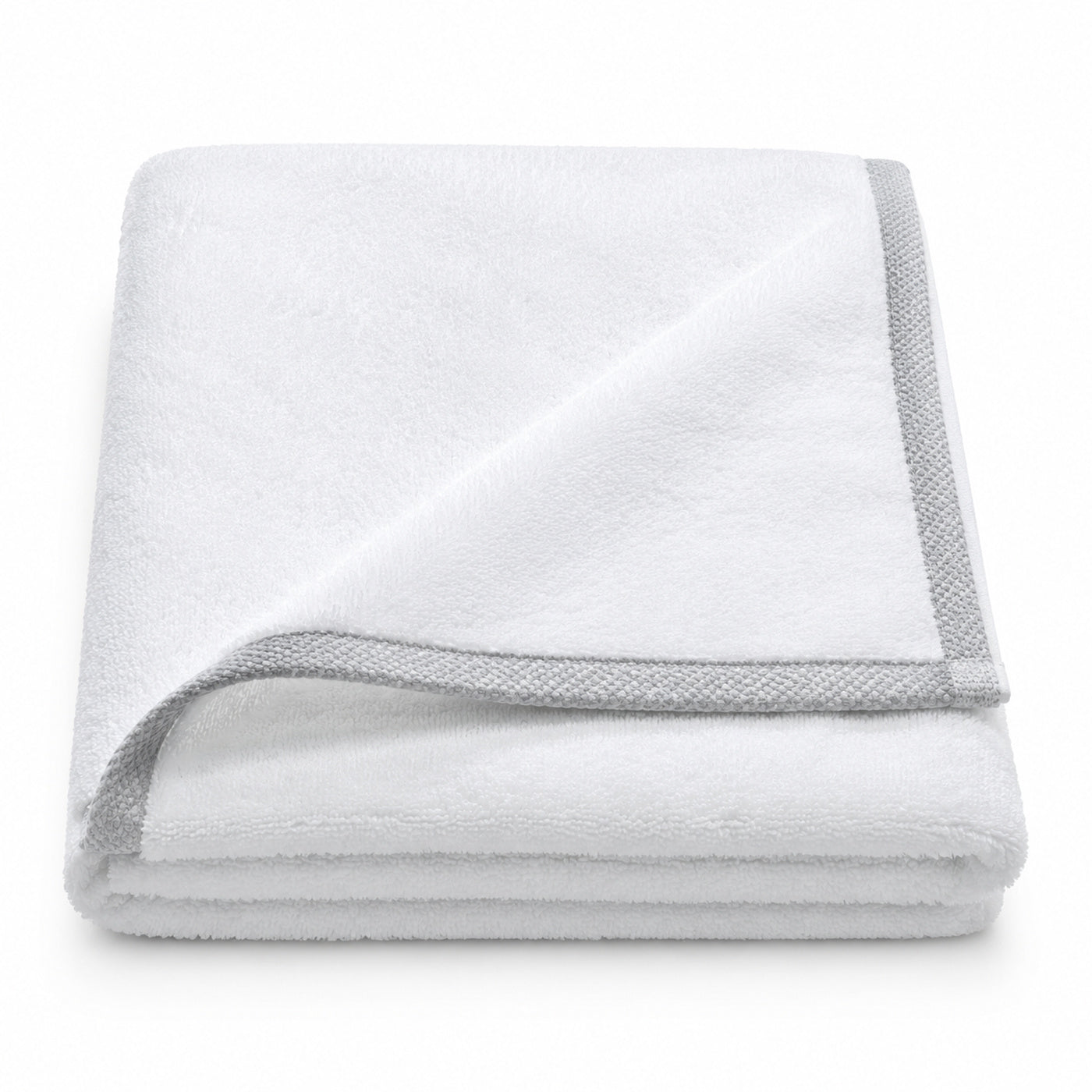 White hotel grey border cotton terry bath towel 70x140 cm on white background