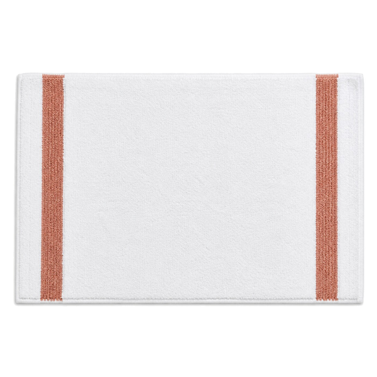White bath mat with terracotta side stripes for warm modern bathroom decor - Primeval