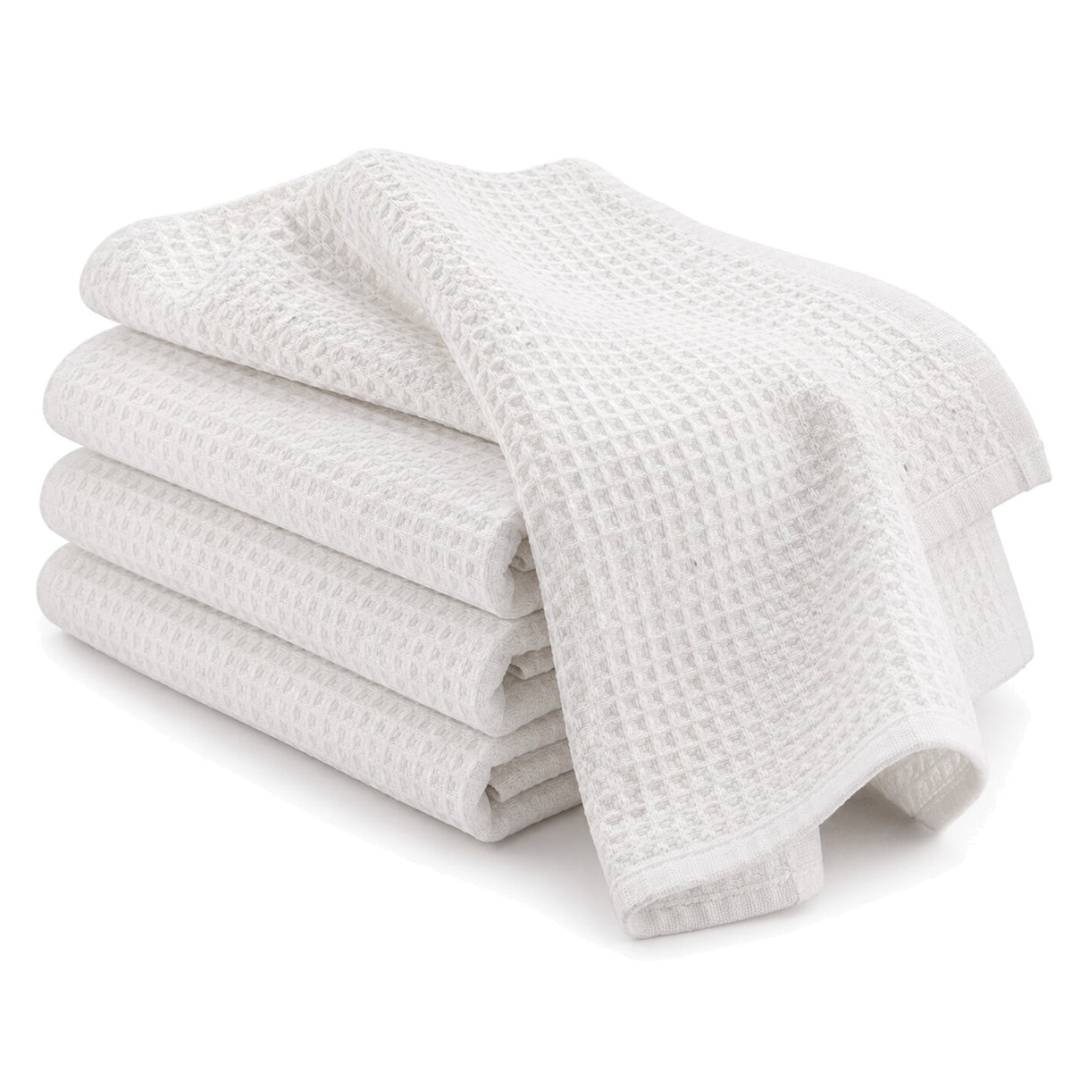 Primeval white waffle texture cotton kitchen towel set in folded studio presentation