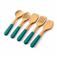 Five natural-wood kitchen cooking utensils with deep teal lower handles, including spoons, solid turners and slotted spatula