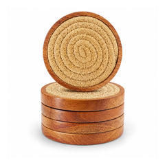 Five round wood-rimmed coasters with tightly coiled natural jute spiral centers, four stacked and one displayed upright