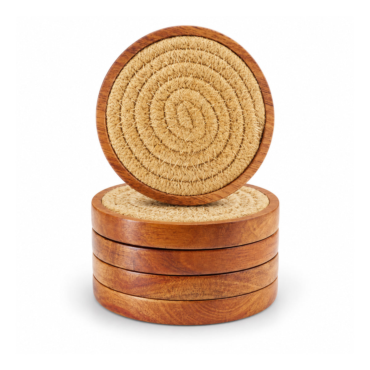 Five round wood-rimmed coasters with tightly coiled natural jute spiral centers, four stacked and one displayed upright