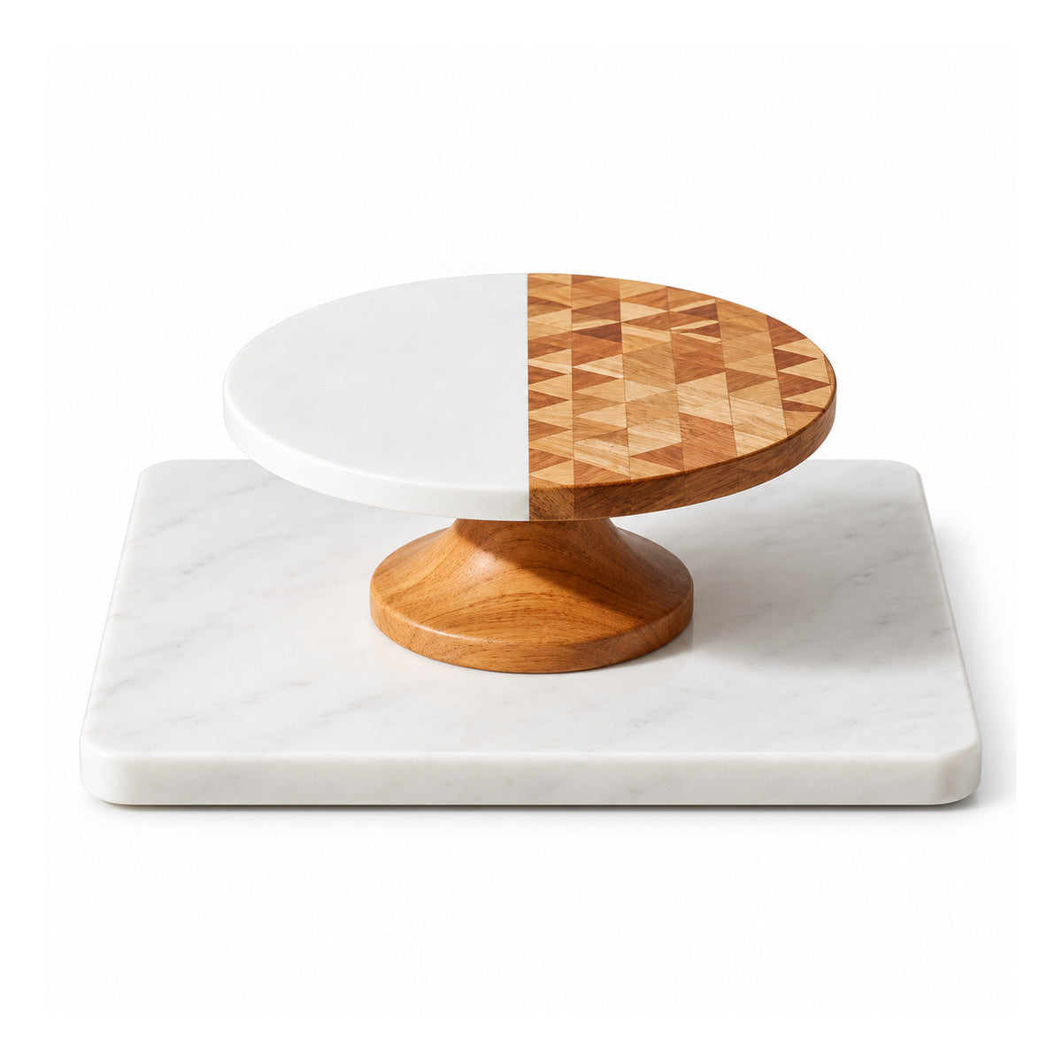 Small round pedestal display riser with light and dark wood mosaic top and white stone-look square base