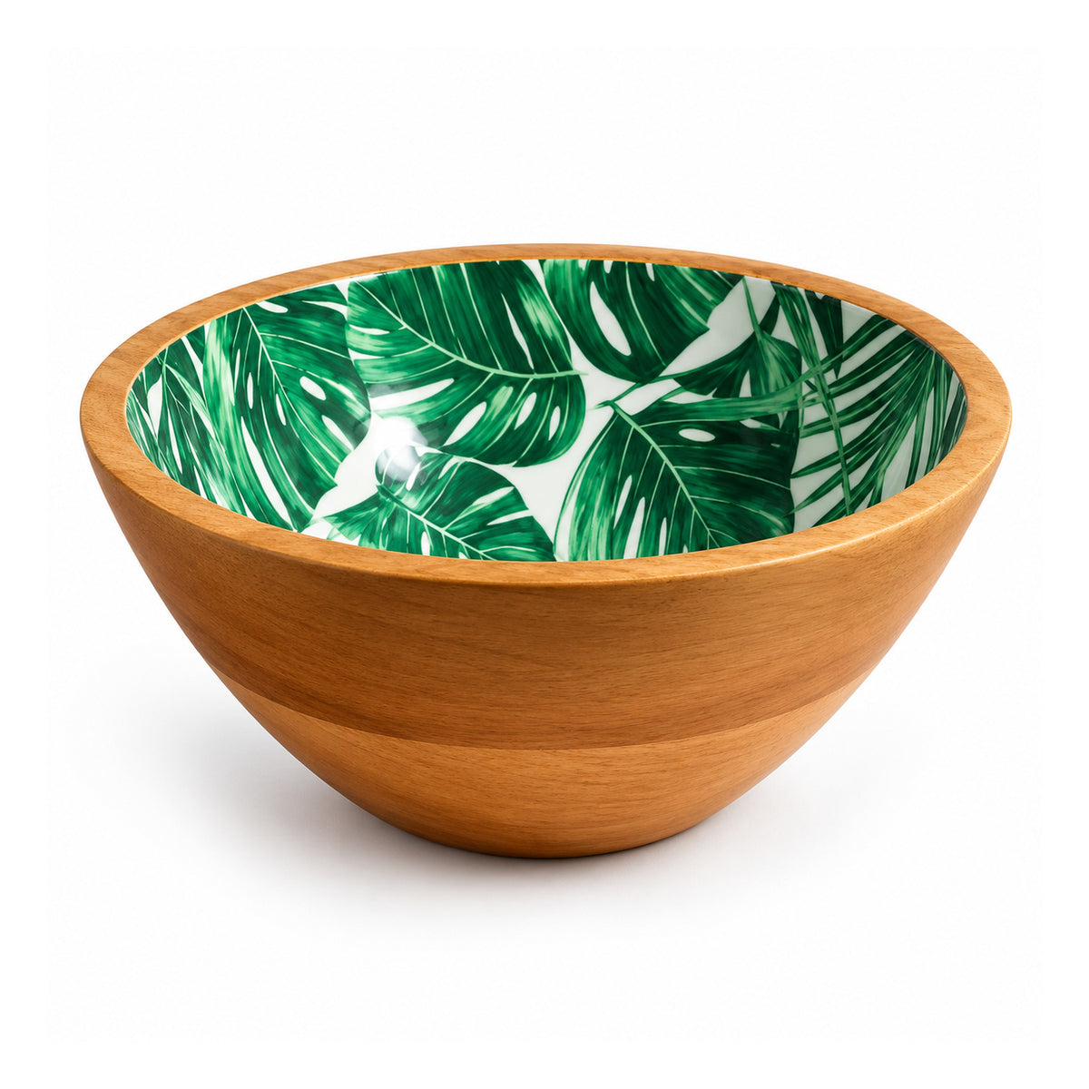 Round warm-brown wooden bowl with green tropical palm leaf patterned interior and smooth curved sides