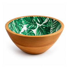 Round warm-brown wooden bowl with green tropical palm leaf patterned interior and smooth curved sides