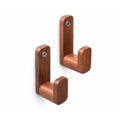 Two medium reddish-brown wooden J-shaped wall hooks with tall narrow backplates, rounded corners and visible upper screw holes
