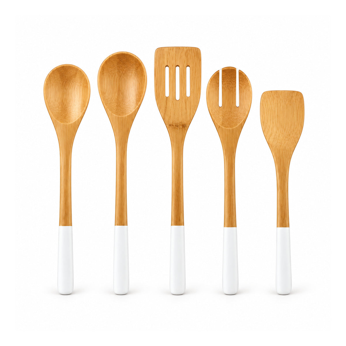 Five light golden-wood kitchen utensils including spoons and spatulas with coordinated white-dipped straight handles