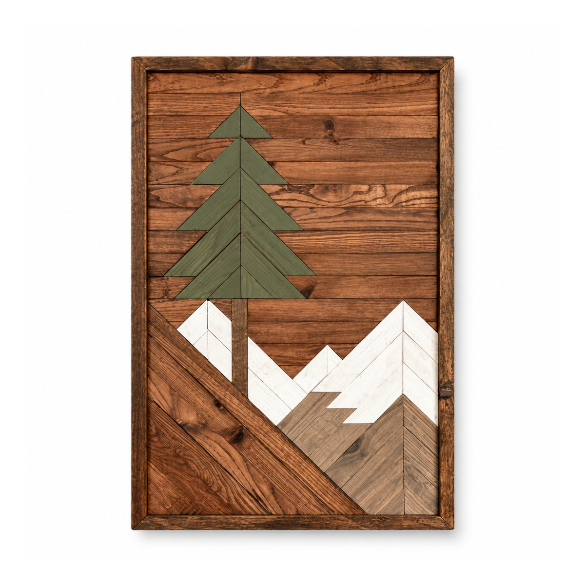 Framed rectangular wooden mountain landscape wall panel with an olive-green pine tree, white peaks and rustic brown plank background