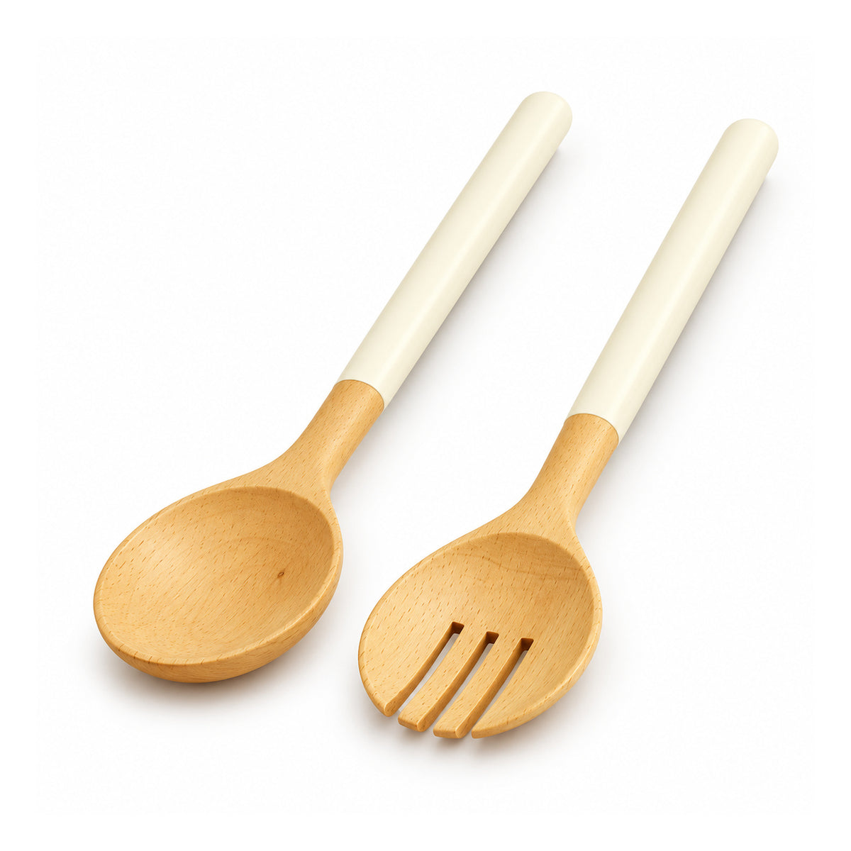 Wooden salad serving spoon and four-tine serving fork with light golden wood heads and long ivory-white handles