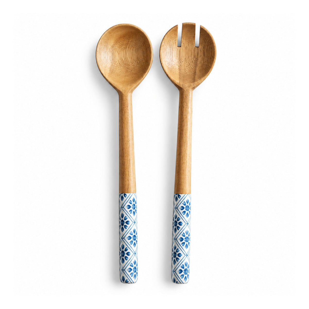 Wooden serving spoon and three-prong fork pair with natural wood heads and blue-and-white floral patterned handle grips