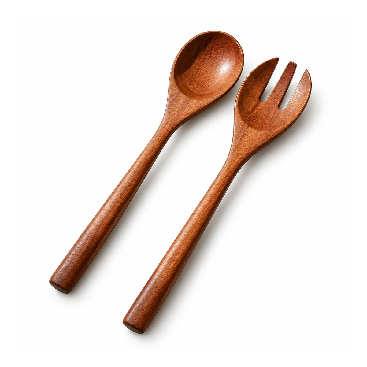 Long wooden serving spoon and wide three-pronged serving fork with smooth dark brown handles