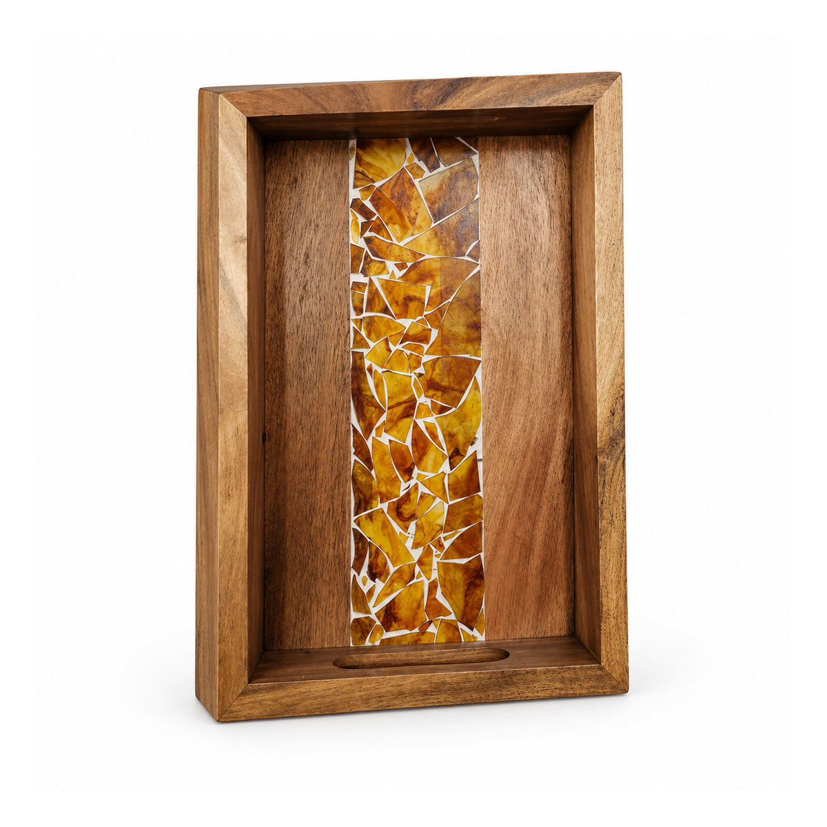 Deep rectangular wooden shadow box frame with vertical central channel of gold amber mosaic-like decorative pieces