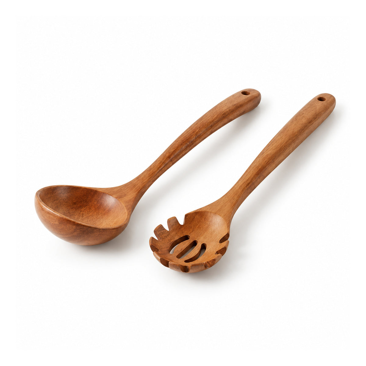 Two warm-brown wooden kitchen utensils, a rounded soup ladle and a slotted pasta serving spoon with hanging holes