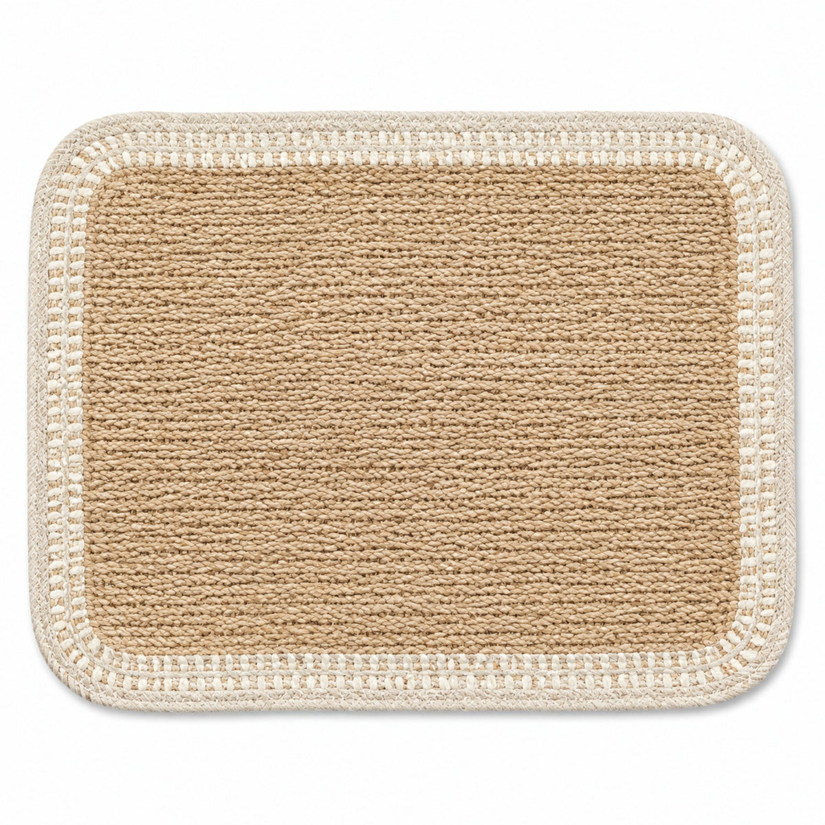 Rectangular natural jute placemat with ivory crochet-style border and rounded corners, handcrafted dining table mat by Primeval