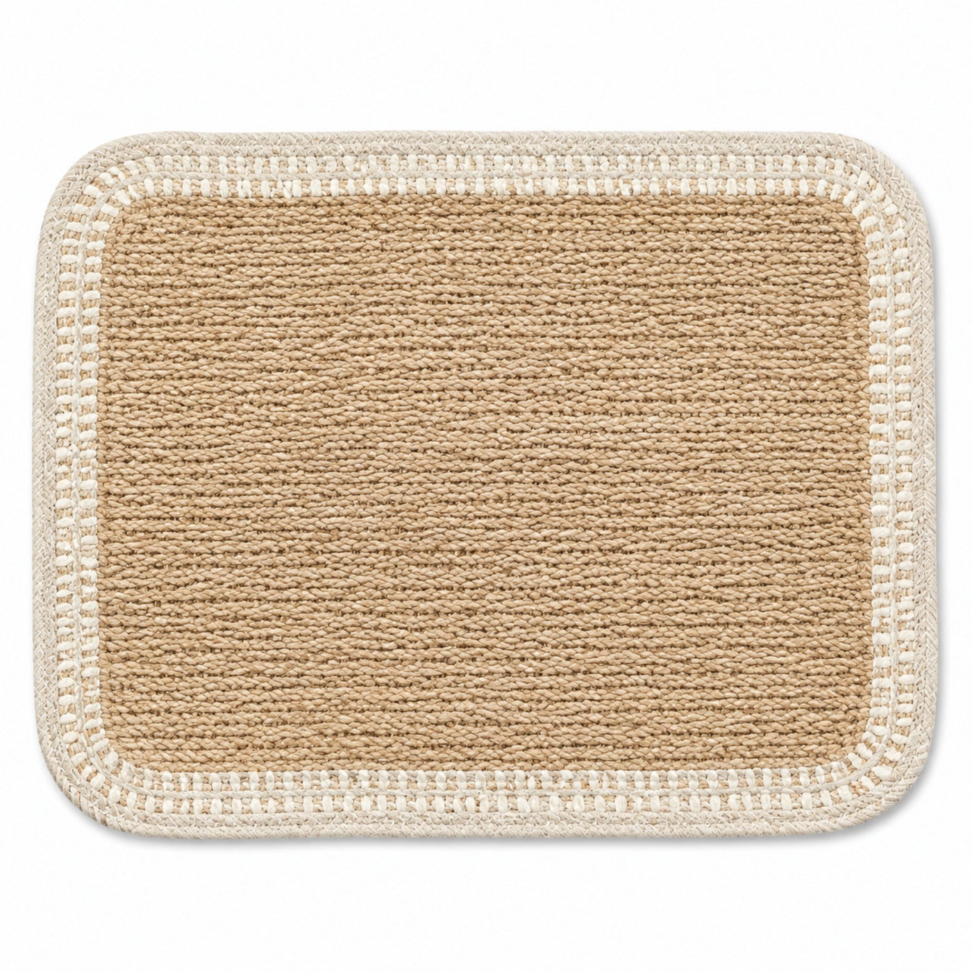 Rectangular natural jute placemat with ivory crochet-style border and rounded corners, handcrafted dining table mat by Primeval