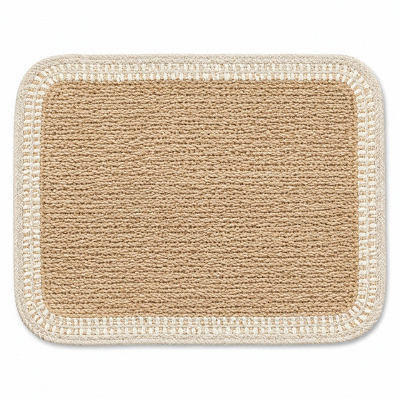 Rectangular natural jute placemat with ivory crochet-style border and rounded corners, handcrafted dining table mat by Primeval