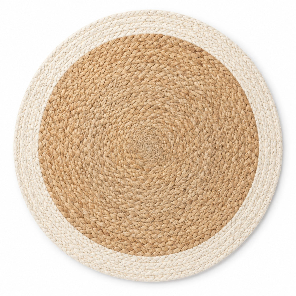 Round natural jute placemat with wide ivory braided border, neutral table mat by Primeval