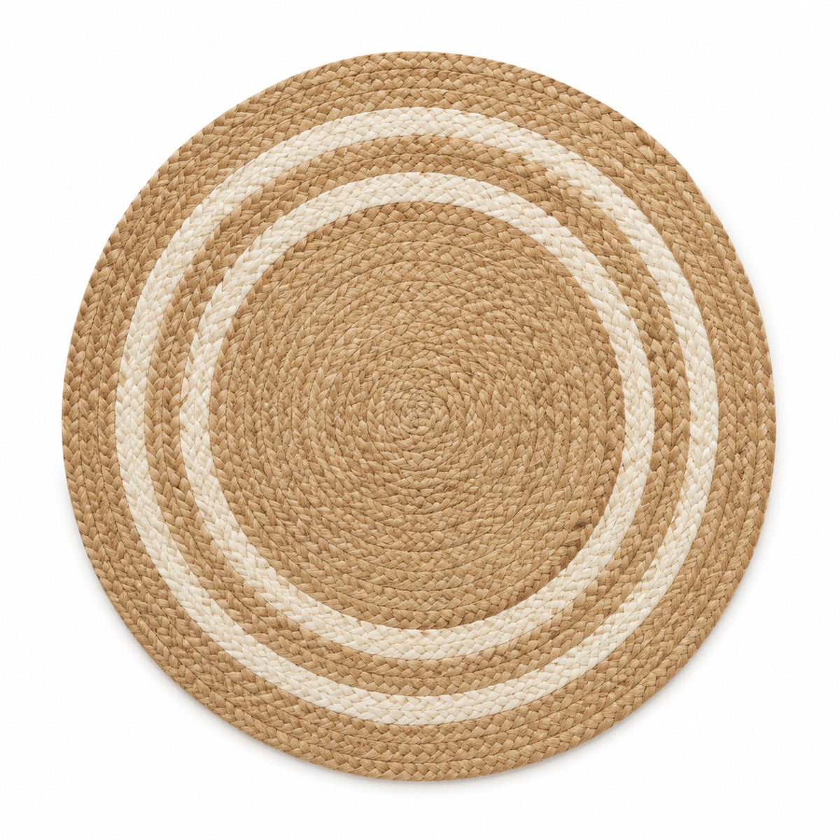 Round natural jute placemat with double ivory ring detail, braided neutral table mat by Primeval