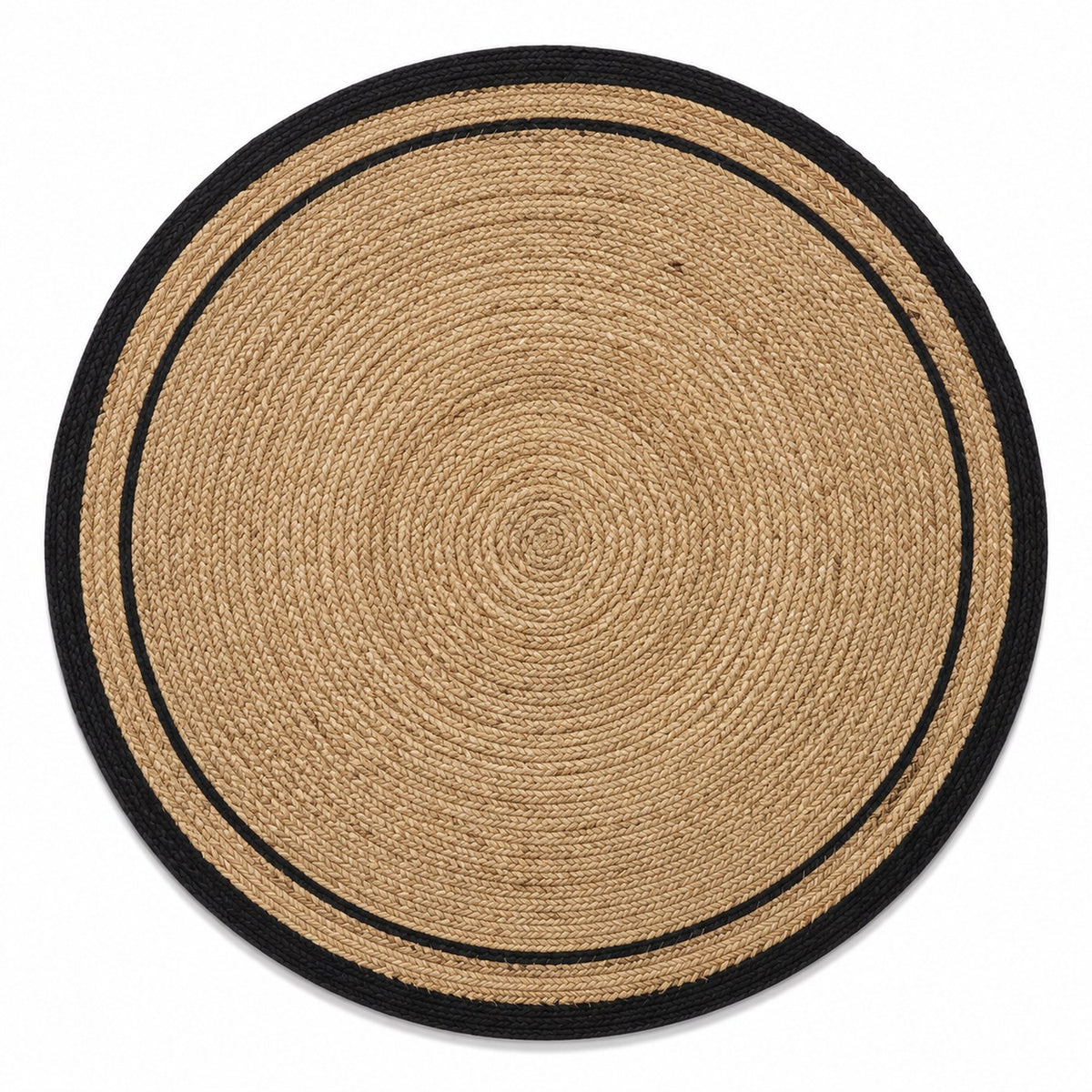 Natural round jute rug with black trim for wholesale buyers