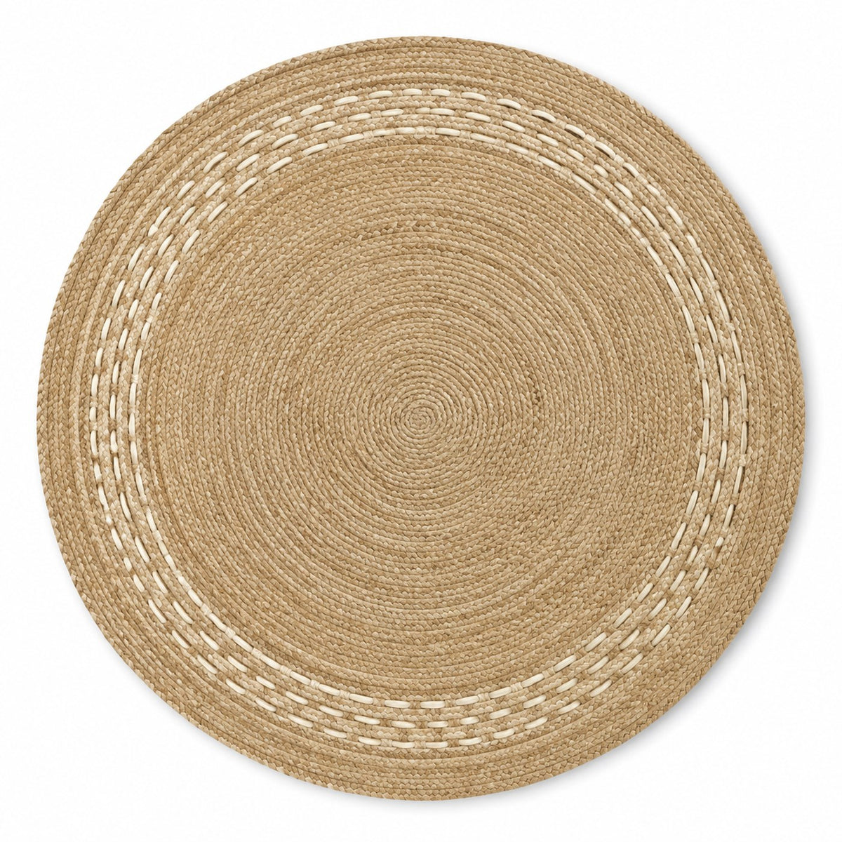 Round natural jute rug with ivory stitched border for wholesale buyers