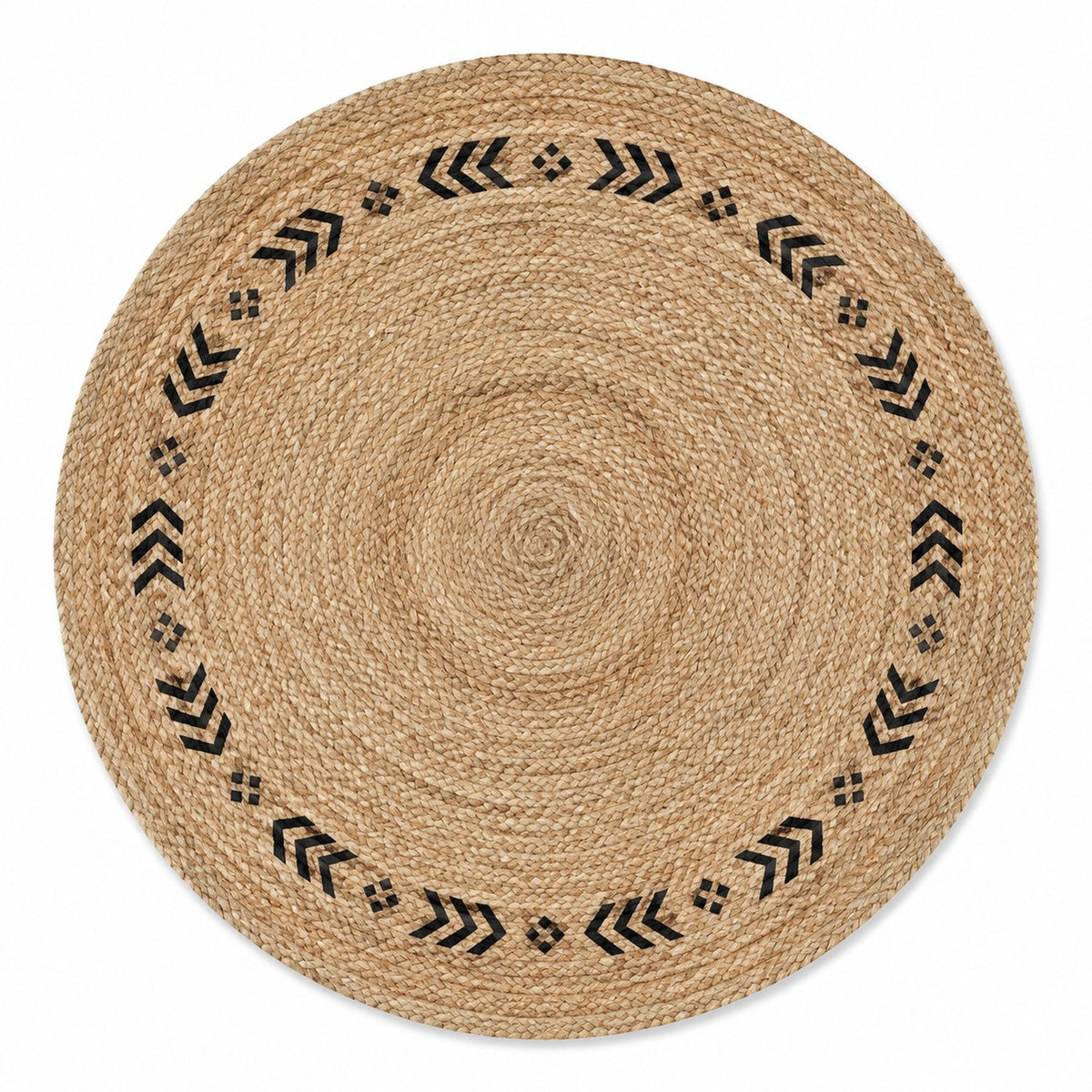 Natural round jute rug with matte black chevron detail for wholesale buyers