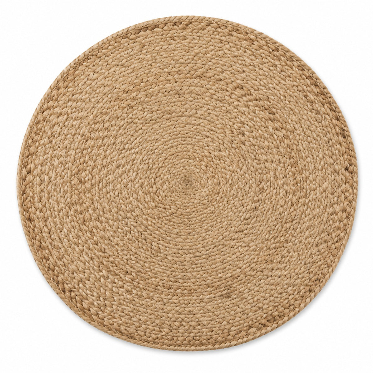Round natural jute braided placemat in warm tan, handwoven table mat by Primeval