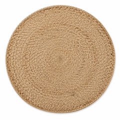 Round natural jute braided placemat in warm tan, handwoven table mat by Primeval