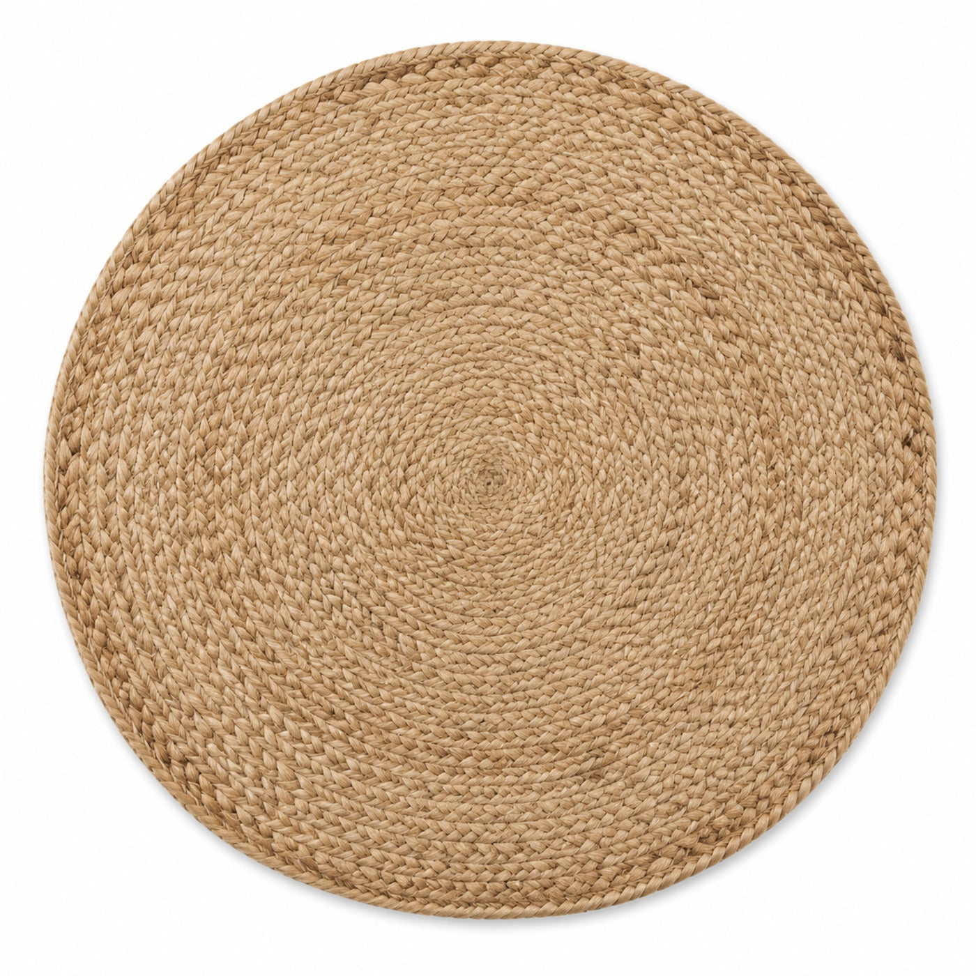 Round natural jute braided placemat in warm tan, handwoven table mat by Primeval